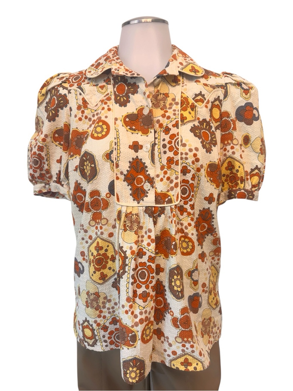 See By Chloe Cream Rust Cotton Geometric Puff Shoulder Blouse US Size 4